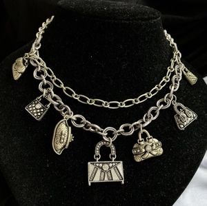 Vintage Necklace With 7 antique purse Charms, in silvertone and light champagne